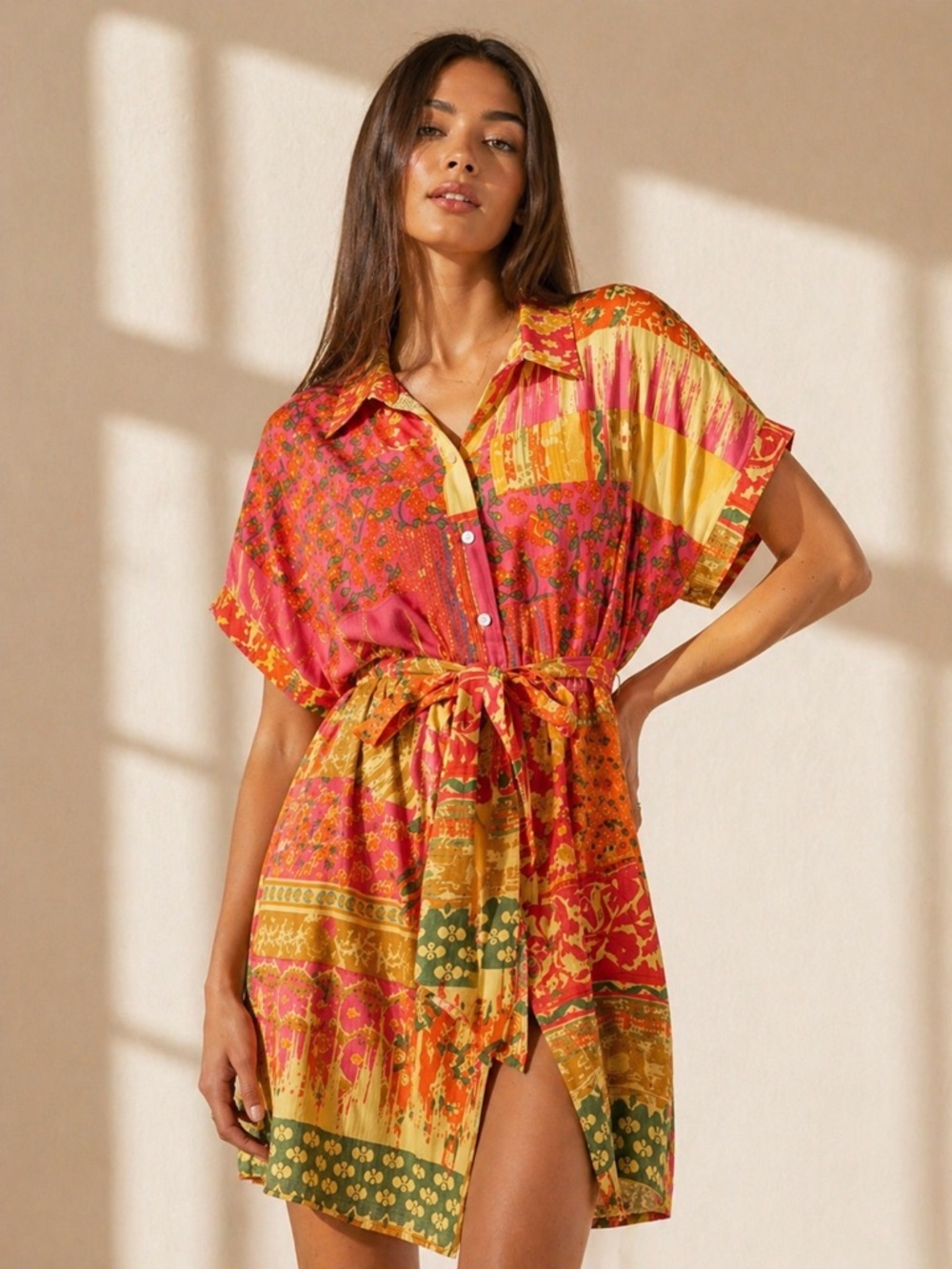 #15  FIRM 🌸 New! Cotton Boho Vibrant Multicolor Short Sleeve Dress